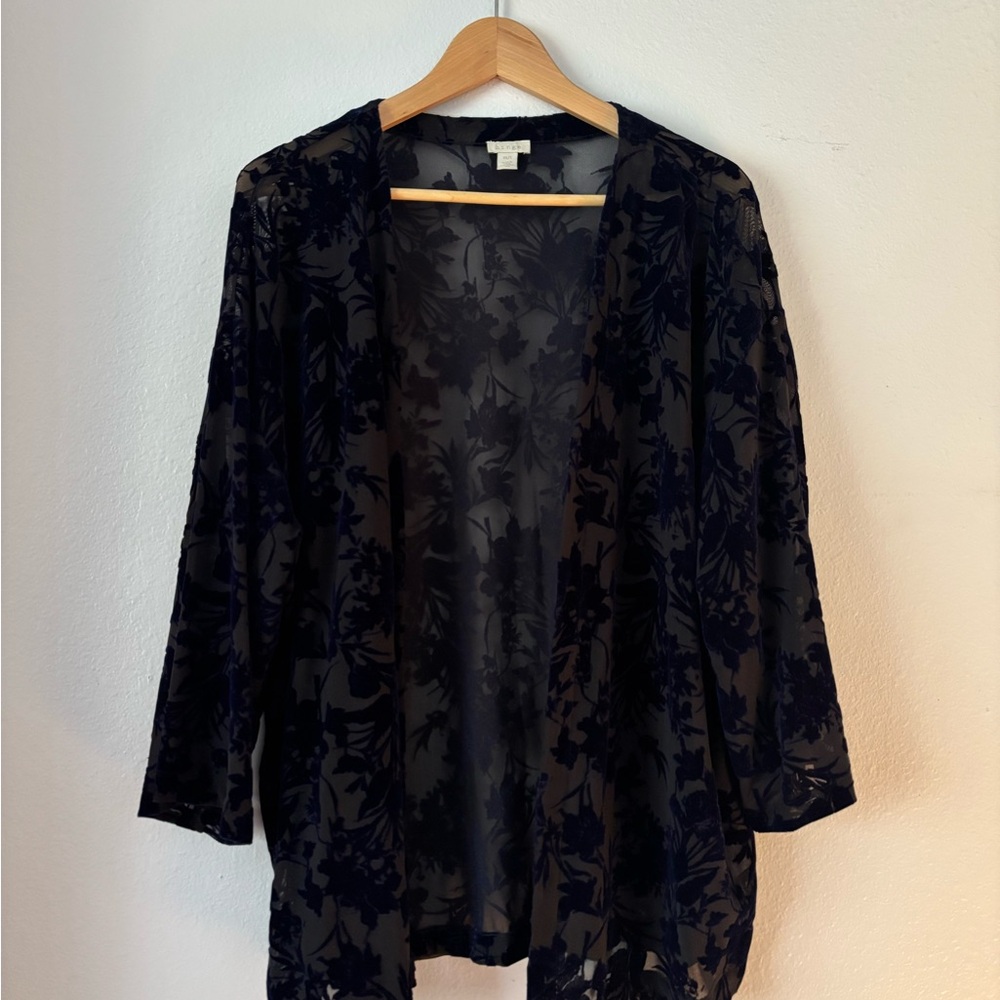 Hinge Sheer Navy Blue Floral Velvet Cardigan